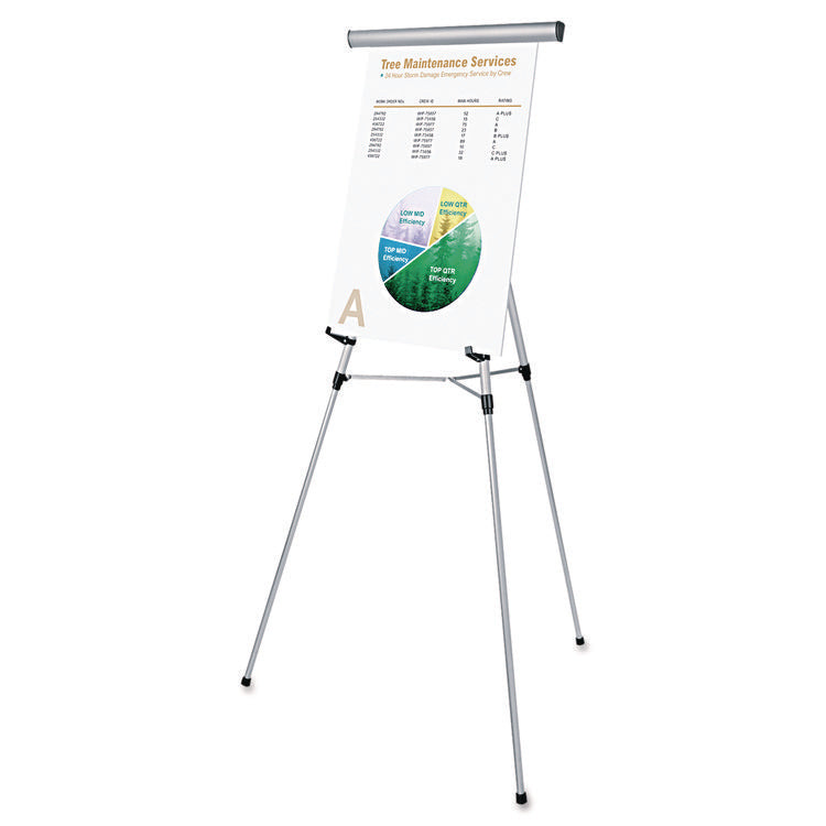 3-Leg Telescoping Easel With Pad Retainer, Adjusts 34" To 64", Aluminum, Silver