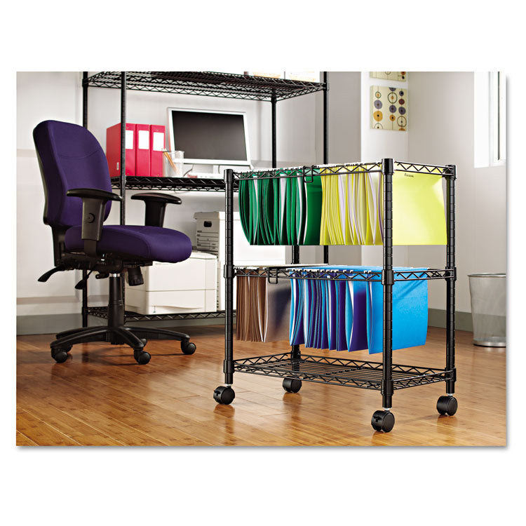 Two-Tier File Cart for Front-to-Back + Side-to-Side Filing, Metal, 1 Shelf, 3 Bins, 26" x 14" x 29.5", Black