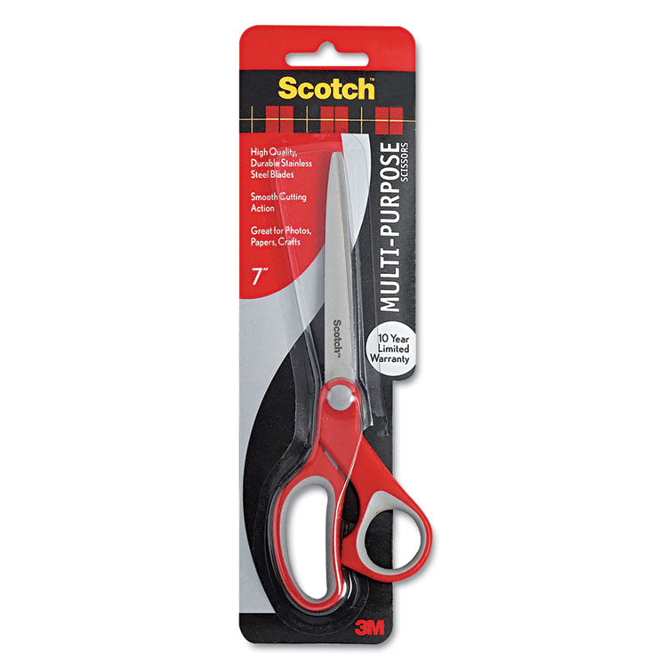 Multi-Purpose Scissors, 7" Long, 3.38" Cut Length, Straight Gray/Red Handle