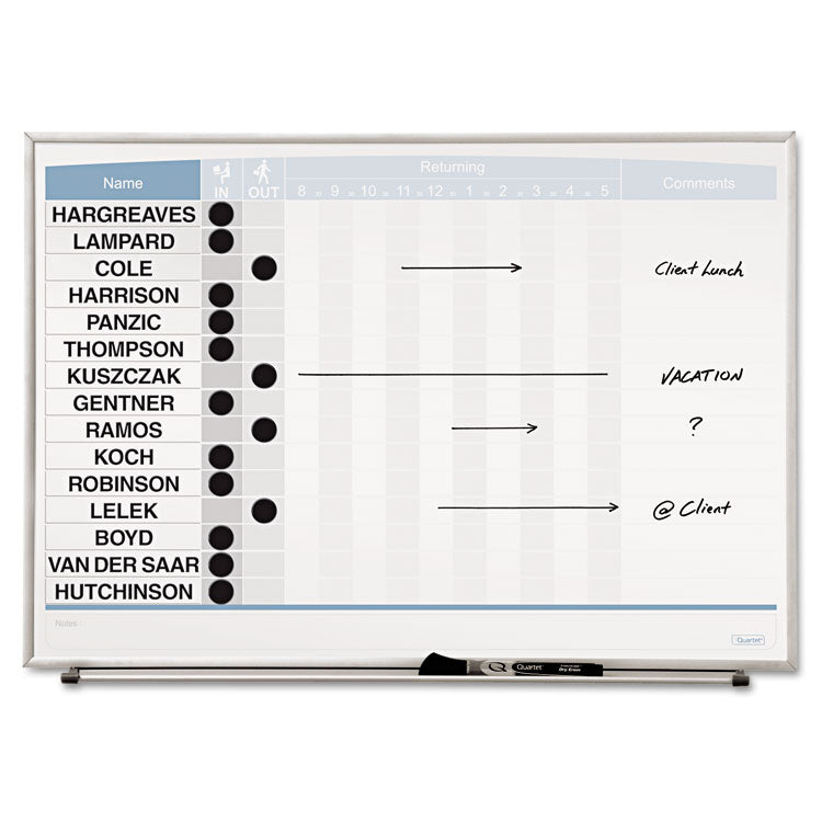 Matrix Employee In/Out Board, Horizontal, 15-Person Tracking, 23" x 16", White Surface, Satin Aluminum Frame