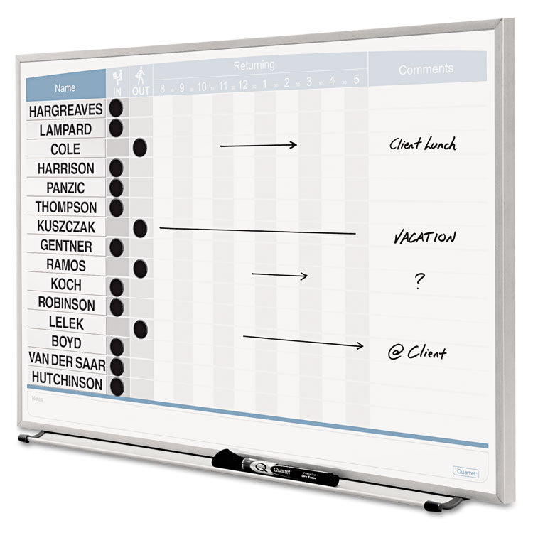Matrix Employee In/Out Board, Horizontal, 15-Person Tracking, 23" x 16", White Surface, Satin Aluminum Frame