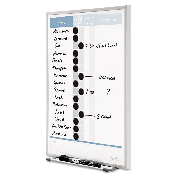 Matrix Employee In/Out Board, Vertical, 15-Person Tracking, 11" x 16", White Surface, Satin Aluminum Frame