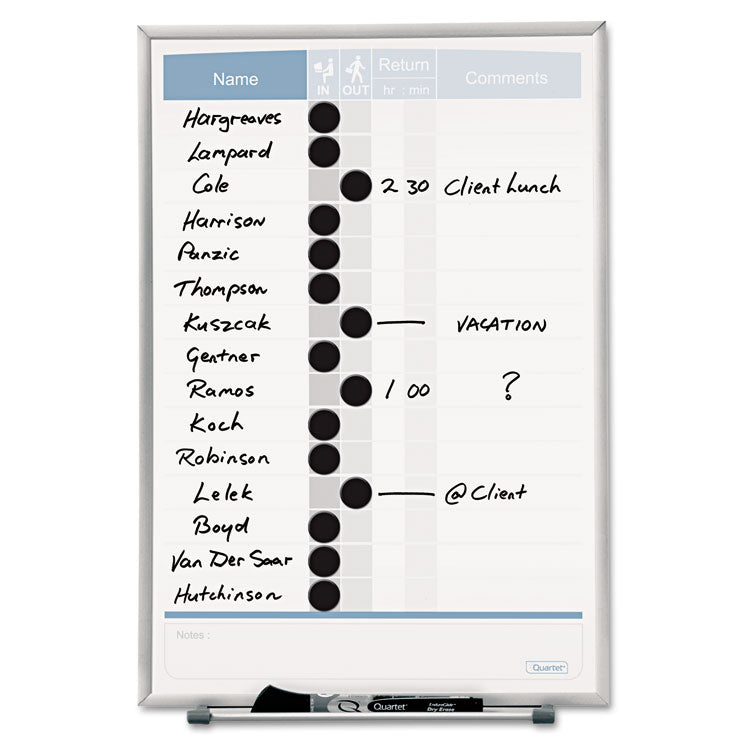 Matrix Employee In/Out Board, Vertical, 15-Person Tracking, 11" x 16", White Surface, Satin Aluminum Frame