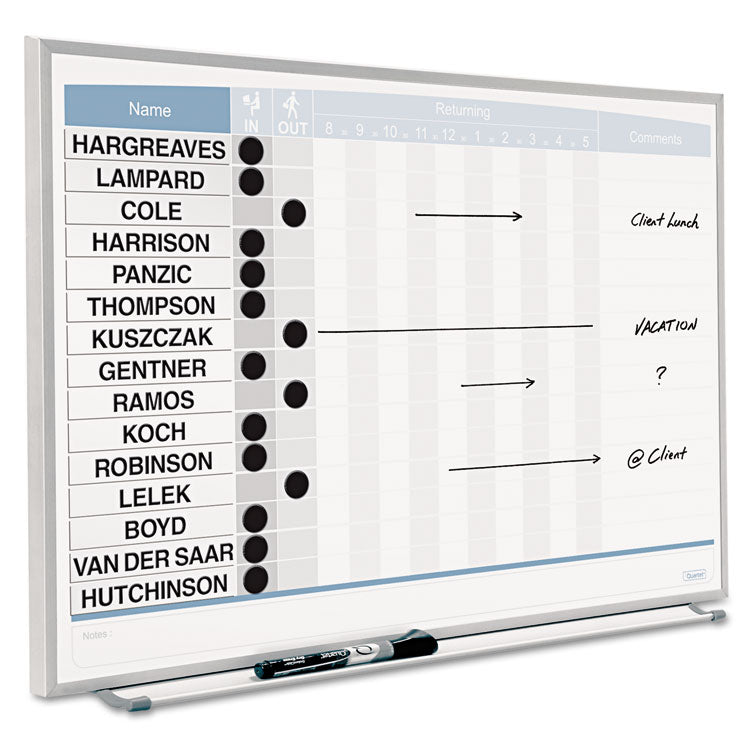 Matrix Employee In/Out Board, Horizontal, 15-Person Tracking, 23" x 16", White Surface, Satin Aluminum Frame
