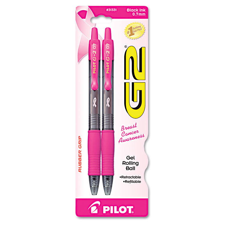 G2 Premium Breast Cancer Awareness Gel Pen, Retractable, Fine 0.7 mm, Black Ink, Smoke/Pink Barrel, 2/Pack