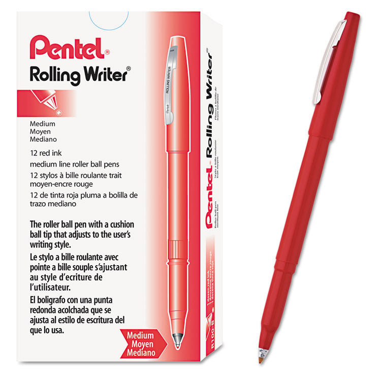 Rolling Writer Rollerball Pen, Stick, Medium 0.8 mm, Red Ink, Red Barrel, Dozen