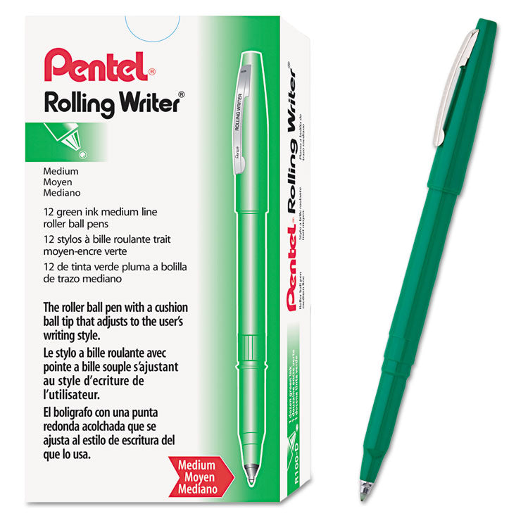 Rolling Writer Rollerball Pen, Stick, Medium 0.8 mm, Green Ink, Green Barrel, Dozen
