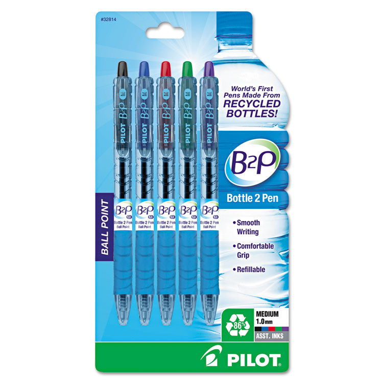 B2p Bottle-2-Pen Recycled Ballpoint Pen, Retractable, Medium 1 Mm, Assorted Ink Colors, Translucent Blue Barrel, 5/pack