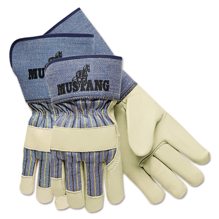 Grain Leather Palm Gloves, Gunn Cut, Wing Thumb, Large, Blue Striped/White, 12 Pairs