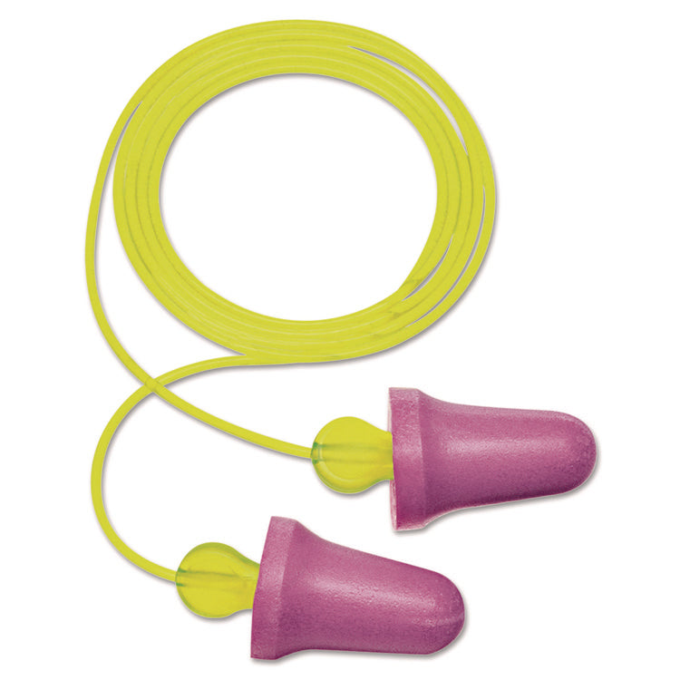 No-Touch Push-to-Fit Single-Use Earplugs, Corded, 29 dB NRR, Purple/Yellow, 100 Pairs