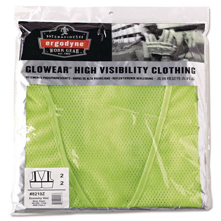 GloWear 8210Z Class 2 Economy Vest, Polyester Mesh, Zipper Closure, 2X-Large to 3X-Large, Lime