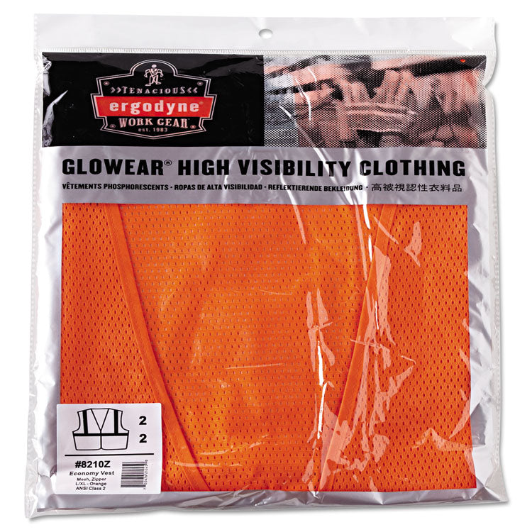 GloWear 8210Z Class 2 Economy Vest, Polyester Mesh, Zipper Closure, Large to X-Large, Orange