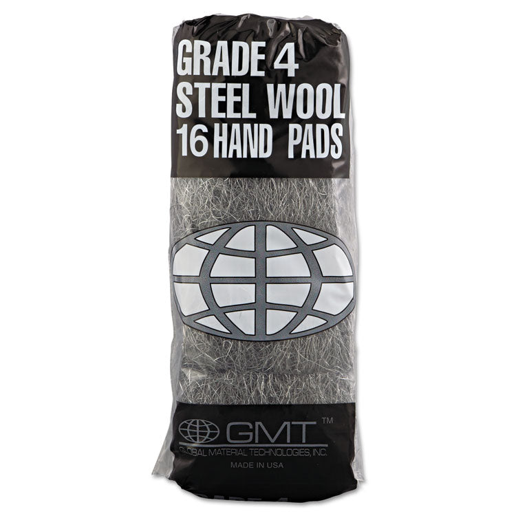 Industrial-Quality Steel Wool Hand Pads, #4 Extra Coarse, Steel Gray, 16 Pads/sleeve, 12 Sleeves/carton