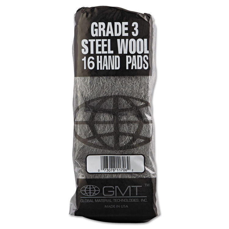 Industrial-Quality Steel Wool Hand Pads, #3 Medium, Steel Gray, 16 Pads/sleeve, 12 Sleeves/carton