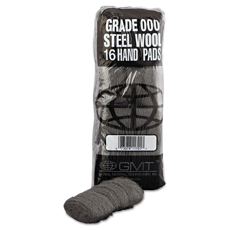 Industrial-Quality Steel Wool Hand Pads, #000 Extra Fine, Steel Gray, 16 Pads/sleeve, 12 Sleeves/carton