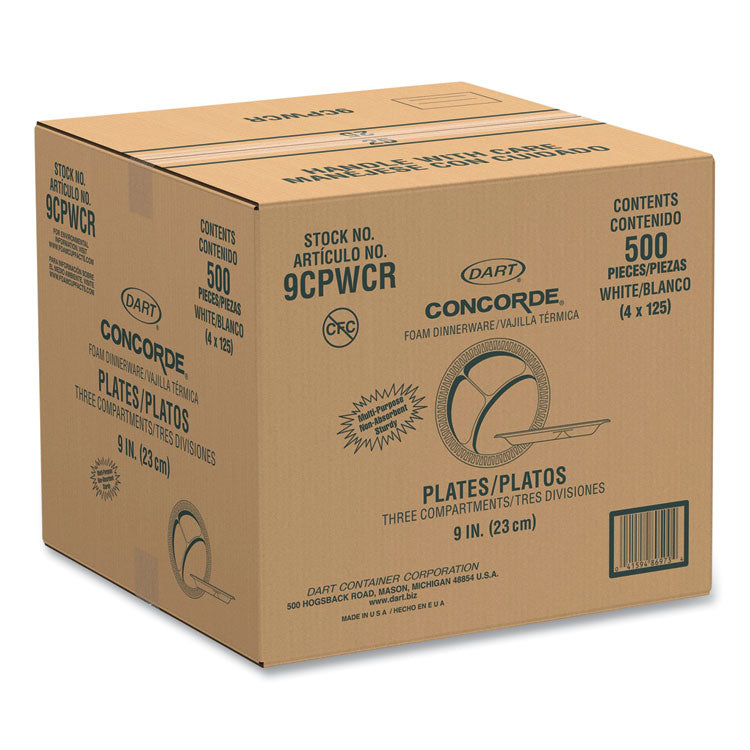 Concorde Foam Plate, 3-Compartment Plate, 9" dia, White, 125/Pack, 4 Packs/Carton