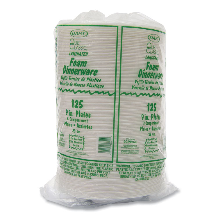 Quiet Classic Laminated Foam Plates, 3-Compartment Plate, 9" dia, White, 125/Pack, 4 Packs/Carton