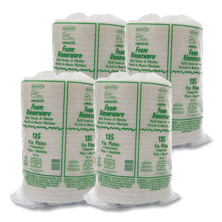 Quiet Classic Laminated Foam Plates, 3-Compartment Plate, 9" dia, White, 125/Pack, 4 Packs/Carton