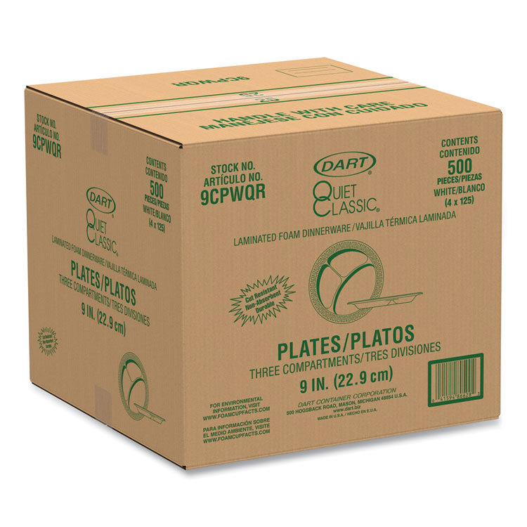 Quiet Classic Laminated Foam Plates, 3-Compartment Plate, 9" dia, White, 125/Pack, 4 Packs/Carton