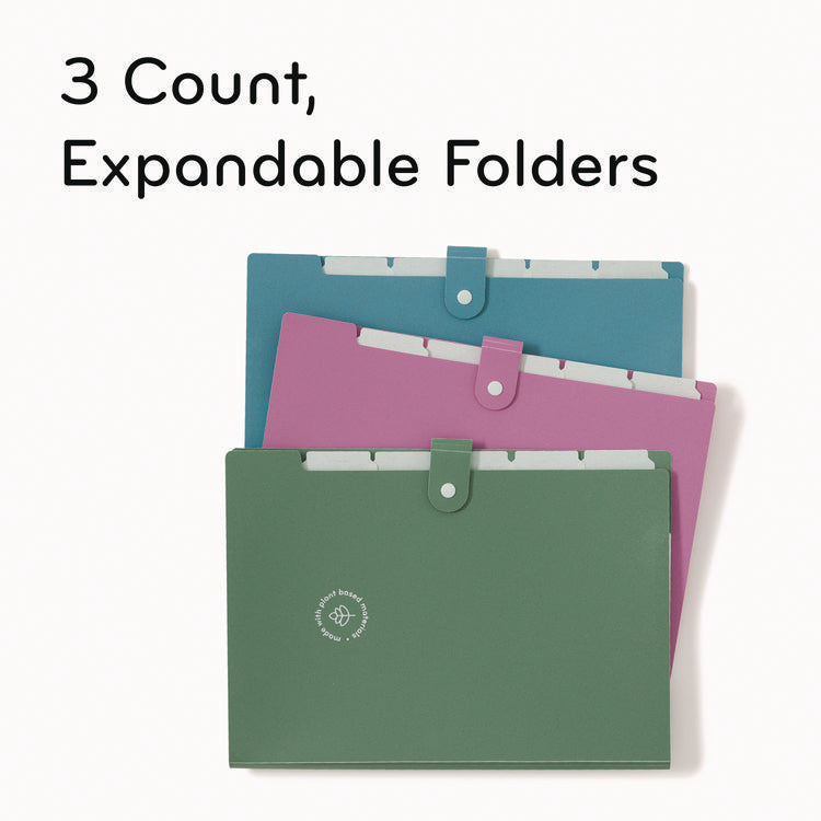 U-Eco Six-Pocket Expandable Folder, 4.5" Expansion, 6 Sections, Snap Button Closure, 1/6-Cut Tabs, Letter Size, 3/Pack