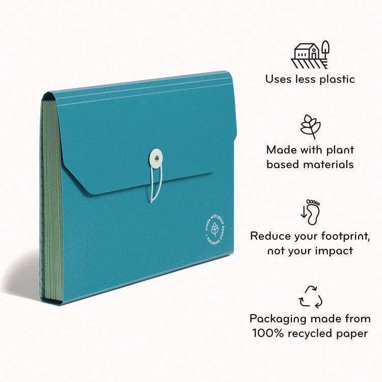 U-Eco 13-Pocket Expandable File, 9.75" Expansion, 13 Sections; Button/Elastic Closure, 1/12-Cut Tabs, Letter Size, Ocean