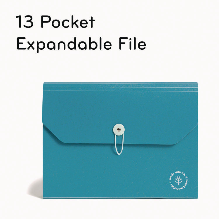 U-Eco 13-Pocket Expandable File, 9.75" Expansion, 13 Sections; Button/Elastic Closure, 1/12-Cut Tabs, Letter Size, Ocean