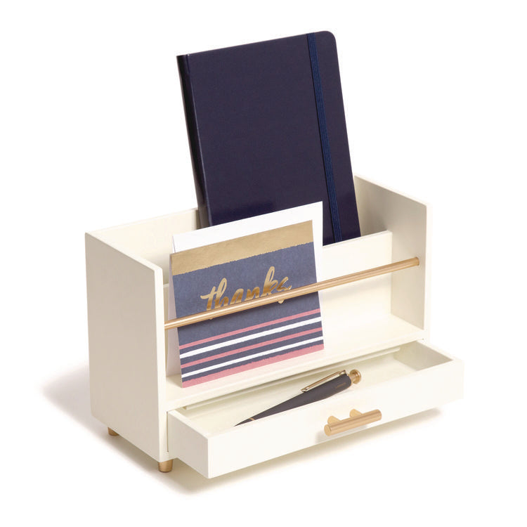 Juliet Desk Organizer, 3 Compartments, 1 Drawer, 9.5" x 4.2" x 4.9", White/Gold, Wood/Metal