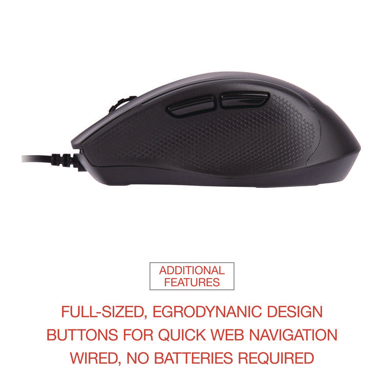 Full-Size Wired Optical Mouse, Usb 2.0, Right Hand Use, Black