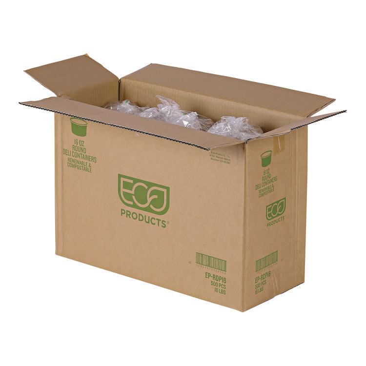 Renewable and Compostable Round Deli Containers, 16 oz, 4.63" Diameter x 3.06" h, Clear, Plastic, 50/Pack, 10 Packs/Carton