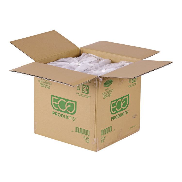 Renewable and Compostable Clear Clamshell Hinged Food Containers, 8 x 8 x 3, Plastic, 80/Pack, 2 Packs/Carton