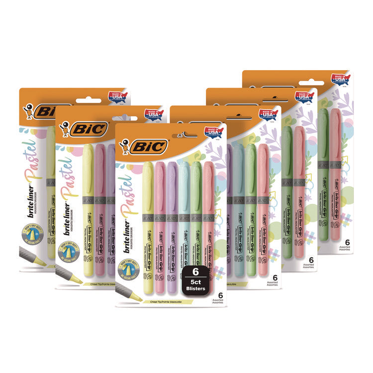 Brite Liner Grip Pocket Highlighter, Assorted Ink Colors, Chisel Tip, Assorted Barrel Colors, 6/Set, 6 Sets/Pack
