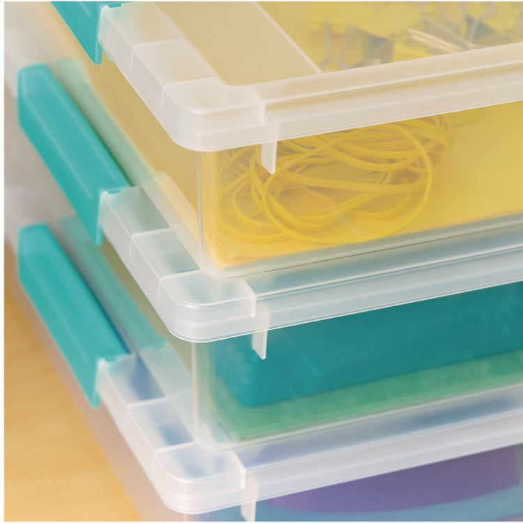 Latch Lid Storage Box, 2.3 gal, 14 x 11 x 3.5, Clear Bin/Seafoam Latches