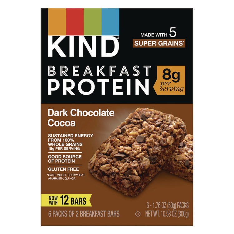 Breakfast Protein Bars, Dark Chocolate Cocoa, 1.76 oz Two-Bar Packs, 6/Box