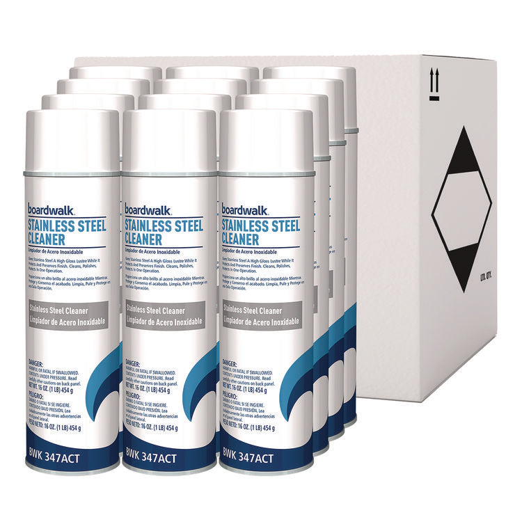 Stainless Steel Cleaner and Polish, Water-in-Oil Based, Lemon Scent, 18 oz Aerosol Spray, 12/Carton