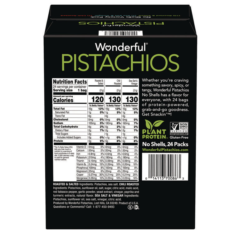 No Shells Roasted and Salted Pistachios Variety Pack, Assorted Flavors, 0.75 oz Bag, 24/Carton