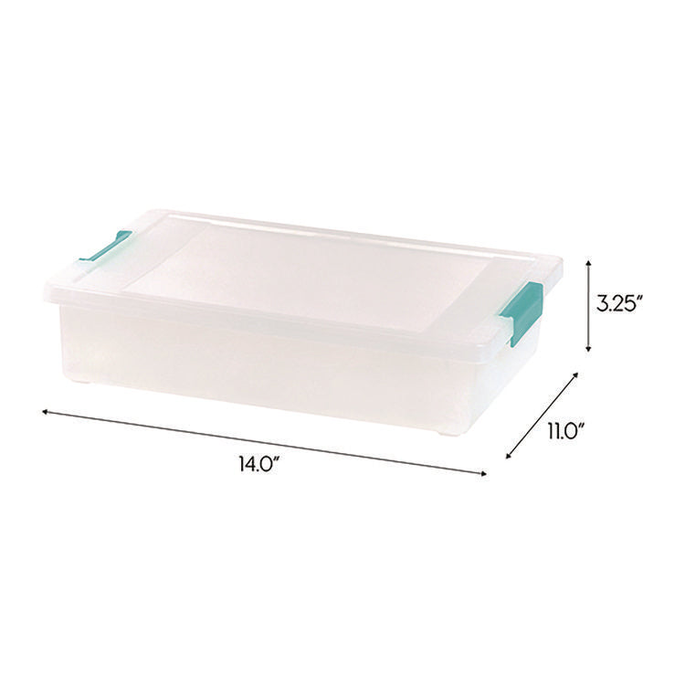 Latch Lid Storage Box, 2.3 gal, 14 x 11 x 3.5, Clear Bin/Seafoam Latches