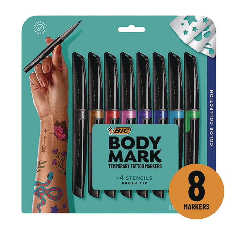 BodyMark Temporary Tattoo Markers, Fine Brush Tip, Assorted Colors, 8/Pack