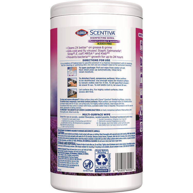 Scentiva Bleach Free Cleaning Wipes, 7.75 x 7, Tuscan Lavender and Jasmine, 75/Canister