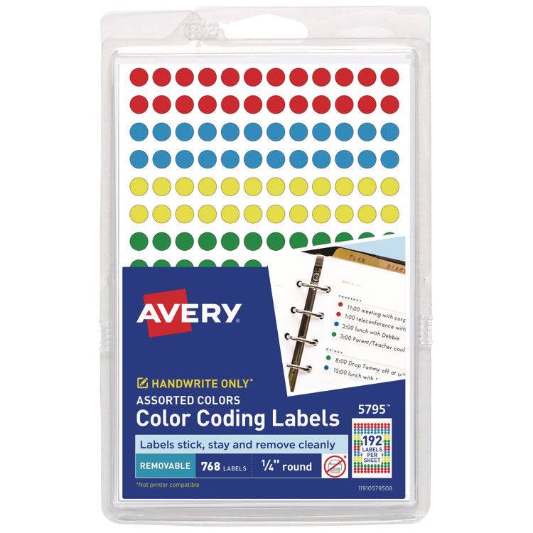 Handwrite Only Self-Adhesive Removable Round Color-Coding Labels, 0.25" dia, Assorted, 192/Sheet, 4 Sheets/Pack, (5795)