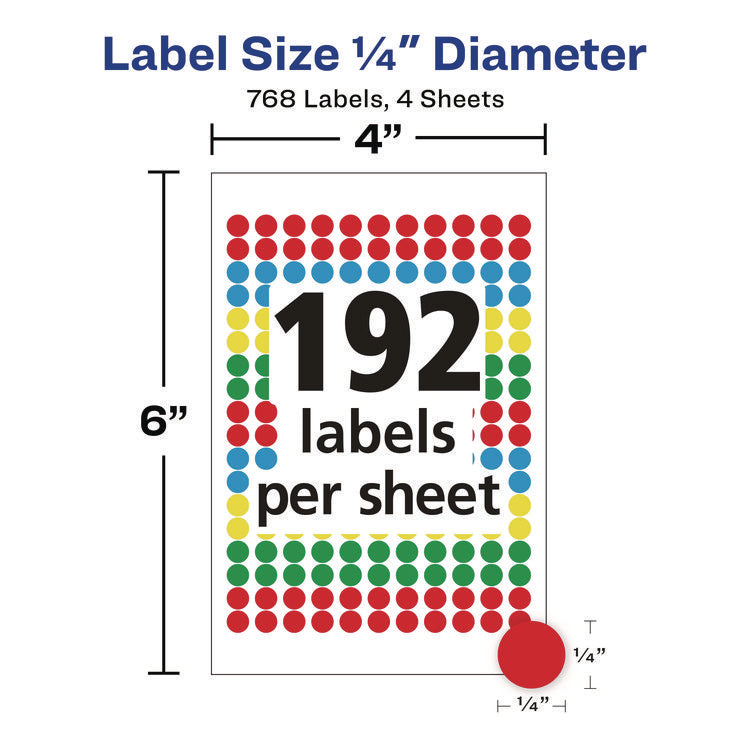 Handwrite Only Self-Adhesive Removable Round Color-Coding Labels, 0.25" dia, Assorted, 192/Sheet, 4 Sheets/Pack, (5795)