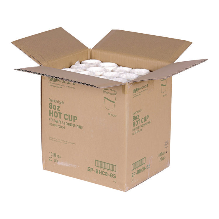 GreenStripe Renewable and Compostable Hot Cups, 8 oz, Paper, White/Green, 50/Pack, 20 Packs/Carton