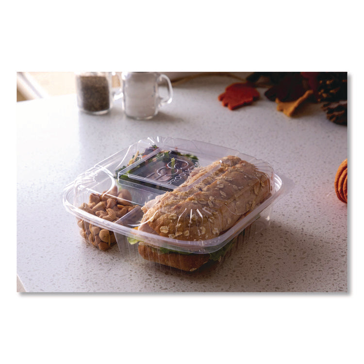 Renewable and Compostable Clear Clamshell Hinged Food Containers, 3 Compartments, 8 x 8 x 3, Plastic, 80/Pack, 2 Packs/Carton