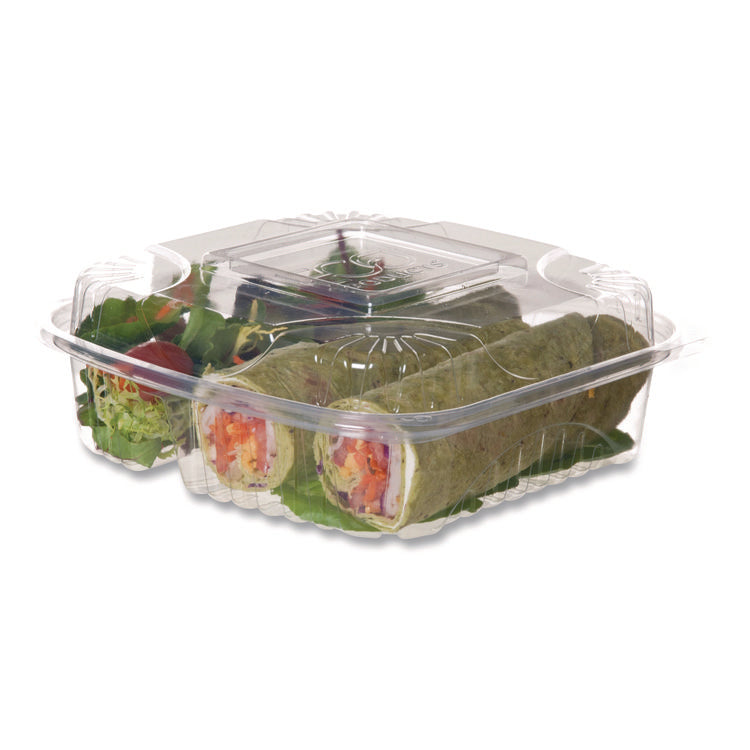 Renewable and Compostable Clear Clamshell Hinged Food Containers, 3 Compartments, 8 x 8 x 3, Plastic, 80/Pack, 2 Packs/Carton