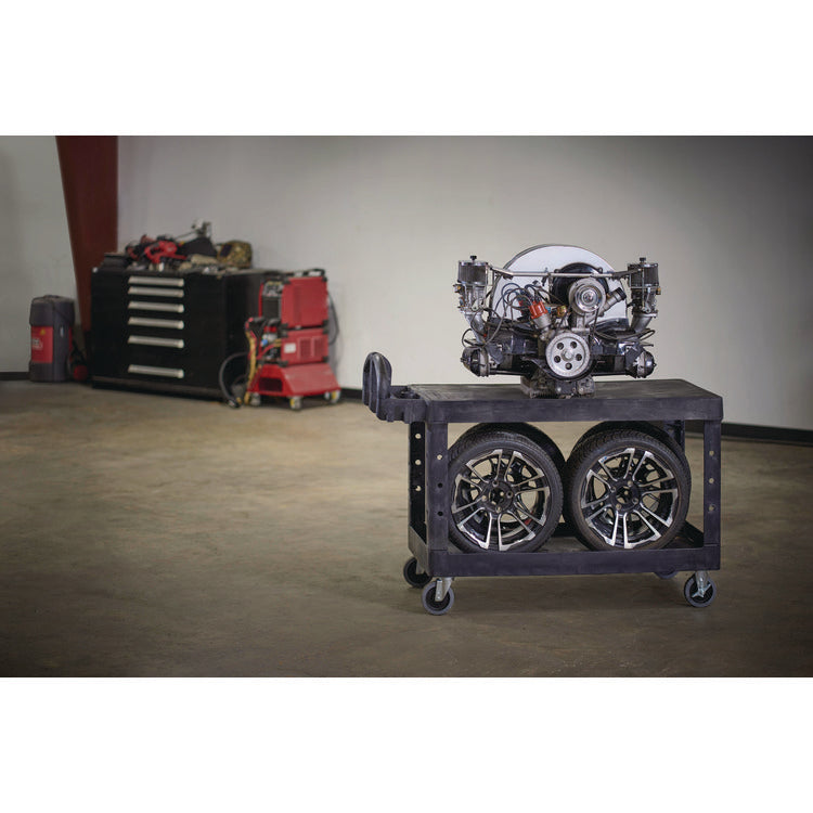 Heavy-Duty Utility Cart with Flat Shelves, Plastic, 2 Shelves, 500 lb Capacity, 25.25" x 54" x 36", Black