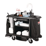 Housekeeping Cart, Plastic, 3 Shelves, 2 Bins, 22" x 60" x 50", Black