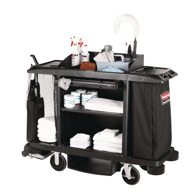 Housekeeping Cart, Plastic, 3 Shelves, 2 Bins, 22" x 60" x 50", Black