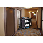 Housekeeping Cart, Plastic, 3 Shelves, 2 Bins, 22" x 60" x 50", Black