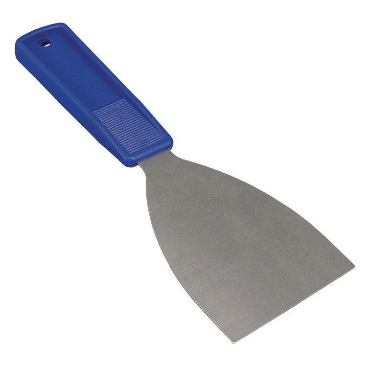 Putty Knife, 3" Wide, Stainless Steel Blade, Blue Polypropylene Handle