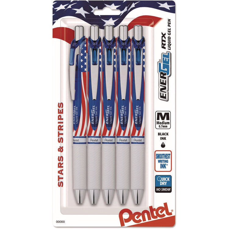 EnerGel RTX Gel Pen, Retractable, Medium 0.7 mm, Black Ink, Stars and Stripes Metallic Red Barrel, 5/Pack