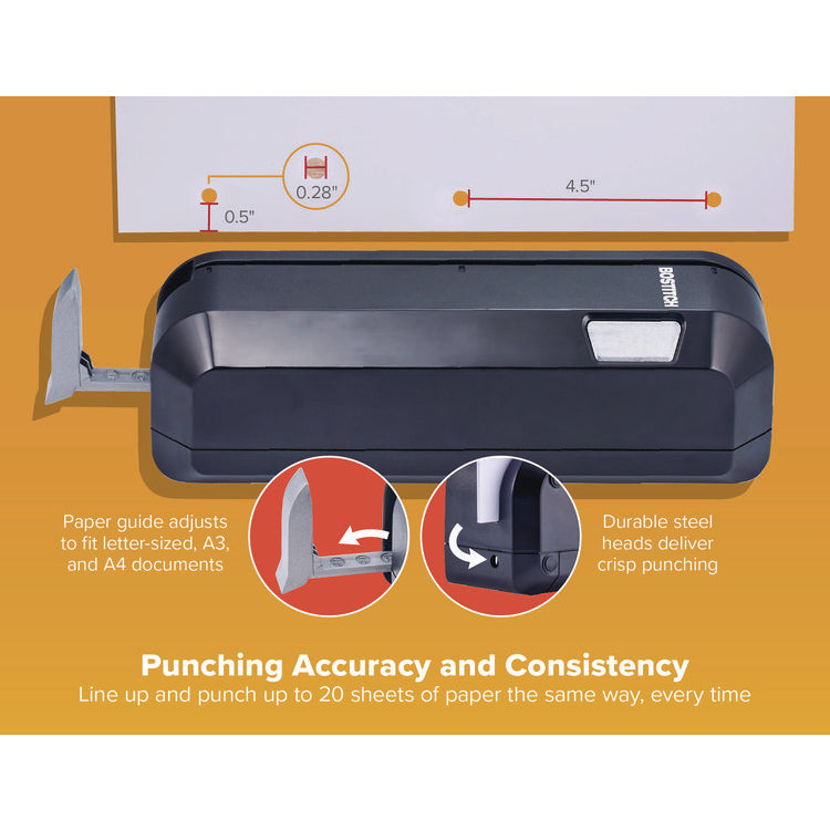 20-Sheet Electric Three-Hole Punch, 9/32" Holes, Black